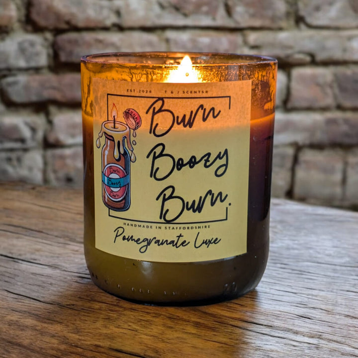 Pomegranate Luxe | Beer Bottle Wooden Wick Candle